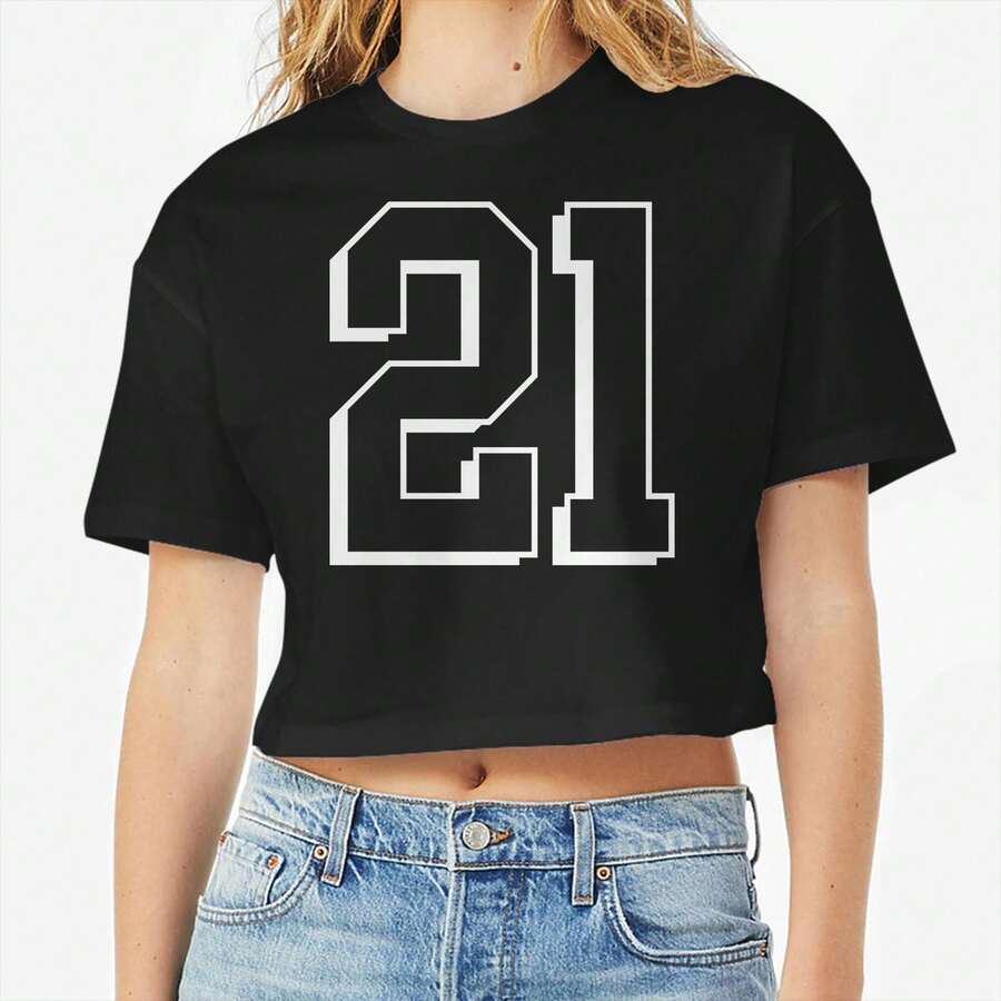 Nearly There 21 Twenty-One White Number Graphic Ladies Cotton Crop Top T-Shirt - 黑色 - 查看 1
