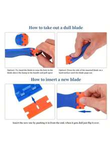 1 pieza Raspador de limpieza y 6 piezas de cuchillas de plástico, mini raspador azul para eliminar adhesivos, para el hogar, la cocina, el baño, utensilios del hogar