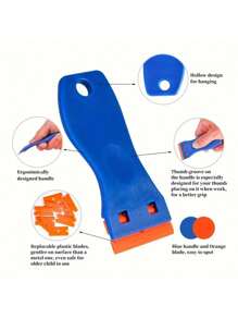 1 pieza Raspador de limpieza y 6 piezas de cuchillas de plástico, mini raspador azul para eliminar adhesivos, para el hogar, la cocina, el baño, utensilios del hogar