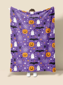 1 pieza Manta de Halloween, manta de forro polar suave y cálida con estampado de murciélagos, arañas y calabazas, para sofá, oficina, cama, camping, siesta, manta multiusos para todas las estaciones, regalo