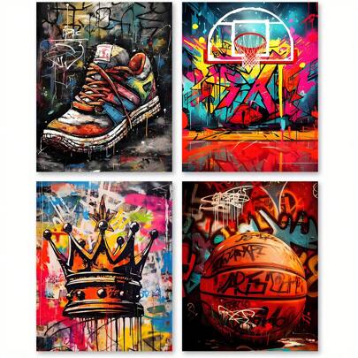 4pcs/Set Basketball Graffiti Wall Art Canvas Print: Modern Street Sports Graffiti Art Canvas Posters - Great For A Man's Gift, A Boy's Room Or As A Gift For A Sports Fan, Posters, Wall Art, Room Decoration Stuff Gifts Birthday Graduation