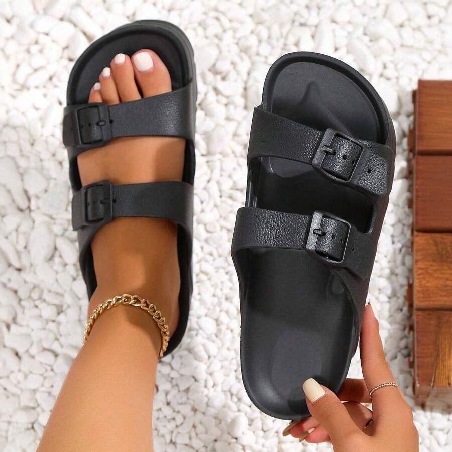 Womens Fashion Waterproof Beach Slide Comfortable Adjustable Double Buckle Sandals EVA Flat Shoes - 黑色 - 查看 1