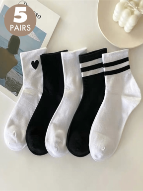 5 pares de calcetines tipo tripulación blancos y negros surtidos para mujeres, calcetines cortos y delgados para primavera, verano y otoño, calcetines deportivos de estilo ins para estudiantes