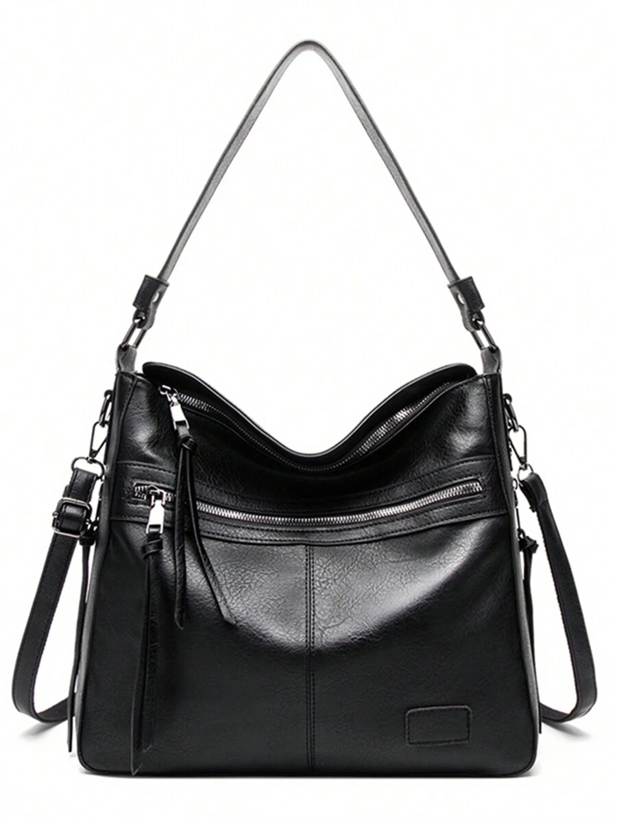1pc Luxury Handbags Large Capacity Shoulder Bag Solid Color Versatile Underarm Bag Faux Leather Zipper Stylish Tote Bag Vintage Crossbody Messenger Bags Fashion Bag Perfect For Outdoor Travel Work Office Best Gift For Mom, Book Bags For Back To School - Black - View 1