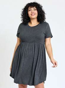 Boho Retro Solid Rayon Cool  Color Mini Dress Short Sleeves Grey Charcoal Olive Navy Small To 3XL Plus Curvy - Màu xám đen - Xem 2