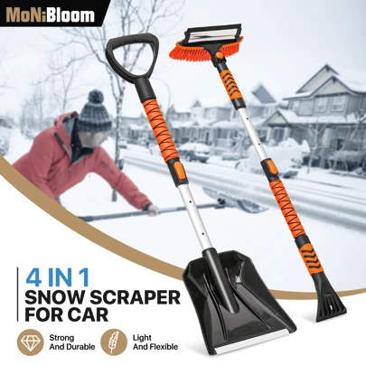 MoNiBloom Car Snow Shovel And Brush Kit, 4 In 1 Ice Scraper With Snow Brush For Car Windshield, Telescopic Handle, Detachable Snow Broom For Vehicle Windshield Window, Orange