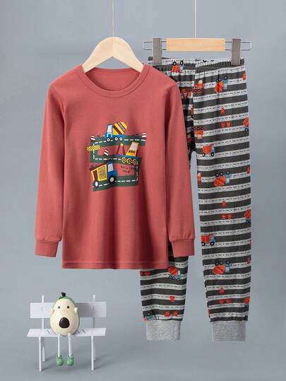 男童卡通卡车印花睡衣套装、长袖上衣和裤子