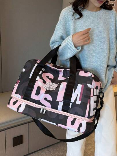 Letter Pattern Random Large Capacity Luggage Travel Duffel Bag, Over Night Holiday Sport Gym Bag, Weekend Carry-On Handbag With Dry And Wet Separation,Casual Multifunctional Portable Shoulder Bag With For Business,Vacation,Outdoor, Skiing,Exercise Fitting Travel Bag For Suitcase Overnight Bag Duffle Bag Weekend Bag For Luggage Carry On Bag College Bag Luggage Bags Weekender Bag Hospital Bag Winter Bag For School School Accessories School Stuff