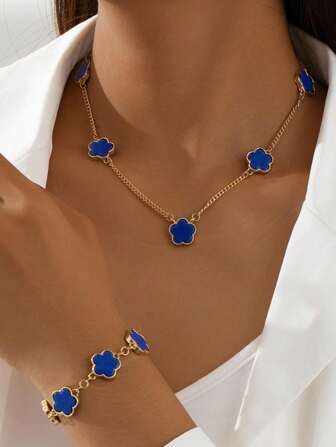 1set Women Fashion Flower & Clover Necklace And Bracelet Jewelry Set, Holiday Beach Style Gift Valentines,Mom,Mother,Mother's Day,Gift