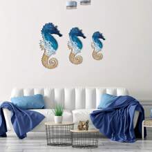 Mediterranean Style Seahorse Wall Decoration 3 Pieces Set, Reusable Wooden Nautical Artwork For Home Decor,Home Decor ,Room Decor,Wall Decor Gifts Birthday Graduation - Baby Blue - View 4