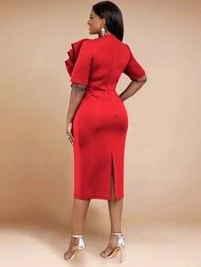Women's Round Neck Ruffle Trim Fitted Elegant Evening Dress - Red - View 2