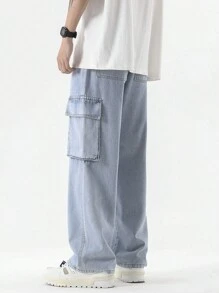 Loose Straight Leg Elastic Waist Washed Cargo Jeans, Vintage Baggy Multiple Pockets Ankle Length Pants