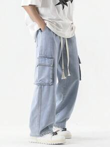 Loose Straight Leg Elastic Waist Washed Cargo Jeans, Vintage Baggy Multiple Pockets Ankle Length Pants