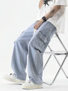 Loose Straight Leg Elastic Waist Washed Cargo Jeans, Vintage Baggy Multiple Pockets Ankle Length Pants