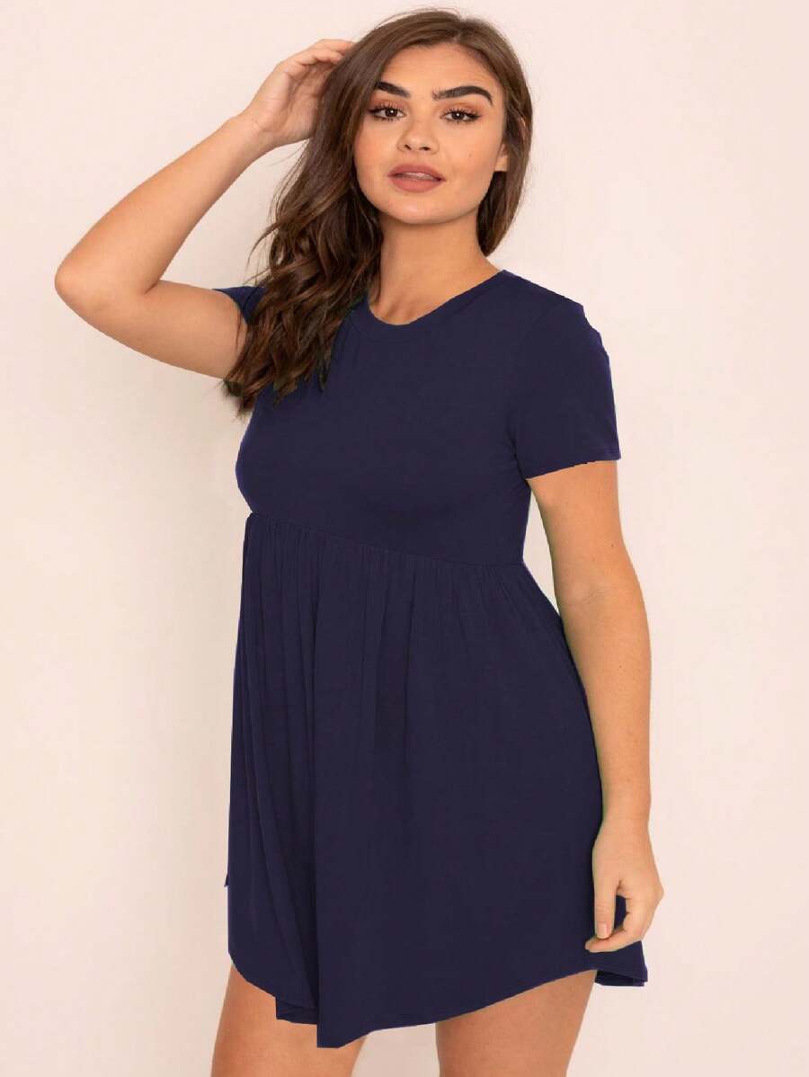 Boho Retro Solid Rayon Cool Color Mini Dress Short Sleeves Grey Charcoal Olive Navy Small To 3XL Plus Curvy - 藏蓝色 - 查看 1