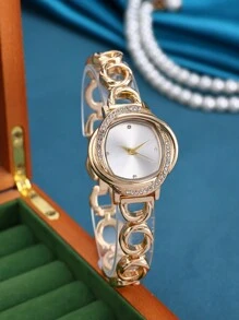 1 Peça Pulseira de Relógio Feminino Fashionable Dourada de Liga com Mostrador de Quartzo para Decoração Diária como Presente para Estudantes Retornando à Escola