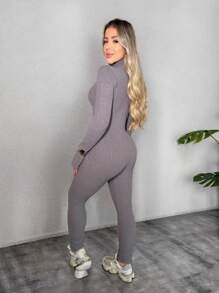 Virginia Ribbed Tricot Modal Jumpsuit With Zipper On The Front Great Quality Women's Jumpsuit Long Sleeve Fashion Style - 灰色 - 查看 3