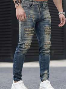 Men's Pocket Skinny Fashionable Ripped Jeans - Medium Wash - View 1