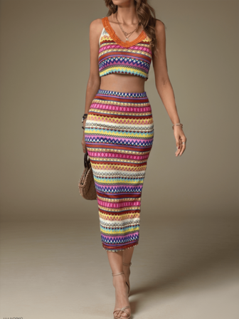 Women's Summer Geometric Print Crop Top And Maxi Skirt 2-Piece Set