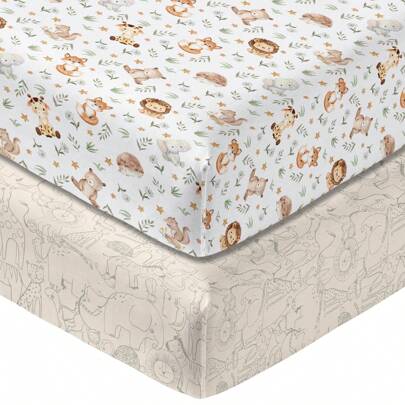 2 件装婴儿床床单，适合男孩和女孩，柔软透气可洗平纹超细纤维婴儿床床单，适合标准尺寸婴儿床床垫 28 英寸 X 52 英寸，可爱动物婴儿房床单，爱情人节