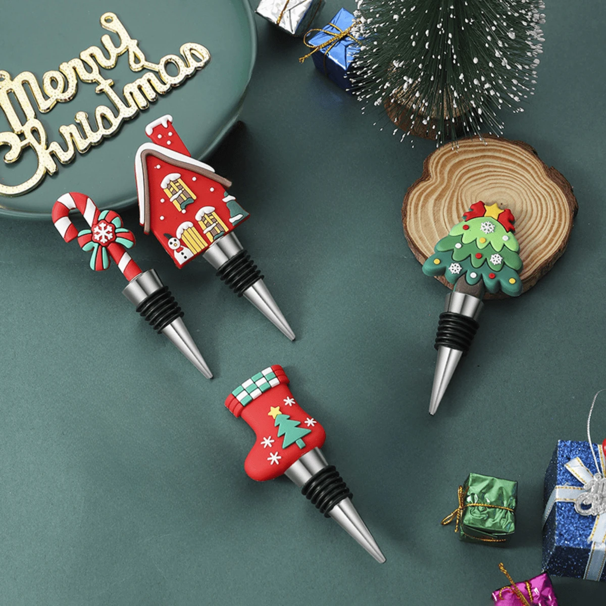 圣诞酒塞、圣诞屋和袜子形状软 PVC 酒瓶塞，适合圣诞节、圣诞礼物、圣诞快乐 - 聖誕瓶塞 - 查看 1