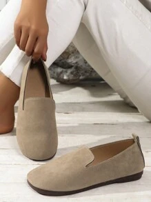 女士平底乐福鞋，秋冬新品，外出必备，老款风格，派对，学生鞋，柔软舒适，妈妈鞋，街头风格，时尚百搭 - 卡其色 - 查看 2