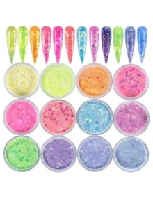 12pcs/Set Acrylic Powder Kit, 12 Colors/Set 10ml Box Mermaid Hexagon Glitter Acrylic Powder For Nail Art, Sculpture Dipping 3-In-1 Professional Acrylic Polymer Glitter Nail Powder, No Need Nail Lamp - 彩色 - 查看 5