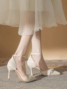 Champagne Ngọc Trai Nơ Trang Trí Cao Gót Nữ Mũi Nhọn Mỏng Gót Slip On Đầm Giày Xuân Hè - Màu be - Xem 4