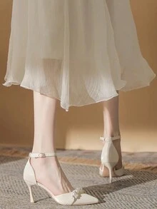 Champagne Ngọc Trai Nơ Trang Trí Cao Gót Nữ Mũi Nhọn Mỏng Gót Slip On Đầm Giày Xuân Hè - Màu be - Xem 2