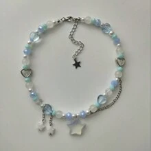 1 Vòng Cổ Choker Ngắn Đính Hạt Ngôi Sao Màu Xanh, Vòng Cổ Phong Cách Y2K Đính Hạt Mã Não Ngôi Sao - Xanh và trắng - Xem 2