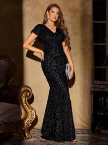 UNITHORSE Đầm dạ hội dài màu đen lấp lánh đính sequin, cổ chữ V, tay bồng, sang trọng, thích hợp cho tiệc cưới, lễ tốt nghiệp, tiệc tối mùa xuân. - màu đen - Xem 5