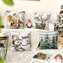 4er Set Weihnachts-Kissenbezüge, Vintage Weihnachtsmann, Schneemann, Rentier, Weihnachtsbaum Design, 45 cm x 45 cm, Weihnachtsferien Dekokissen für Wohnzimmer, Sofa, Schlafzimmer, ohne Füllung, Weihnachten