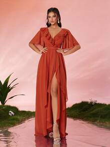 Chiffon Layered V-Neck Ruffle Slit Front High-End Evening Gown With Pearls,Party Dress,Prom Dress - Orange - View 3