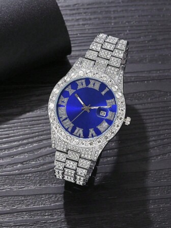 3 st Herrarmband i silver i rostfritt stål Fashionabla Casual Klassisk romersk bokstavsvåg med kalenderfunktion Blå urtavla kvartsklocka armbandshalsbandset Lämplig för dagligt slitage Dekoration som en semesterpresent till vänner eller fäder