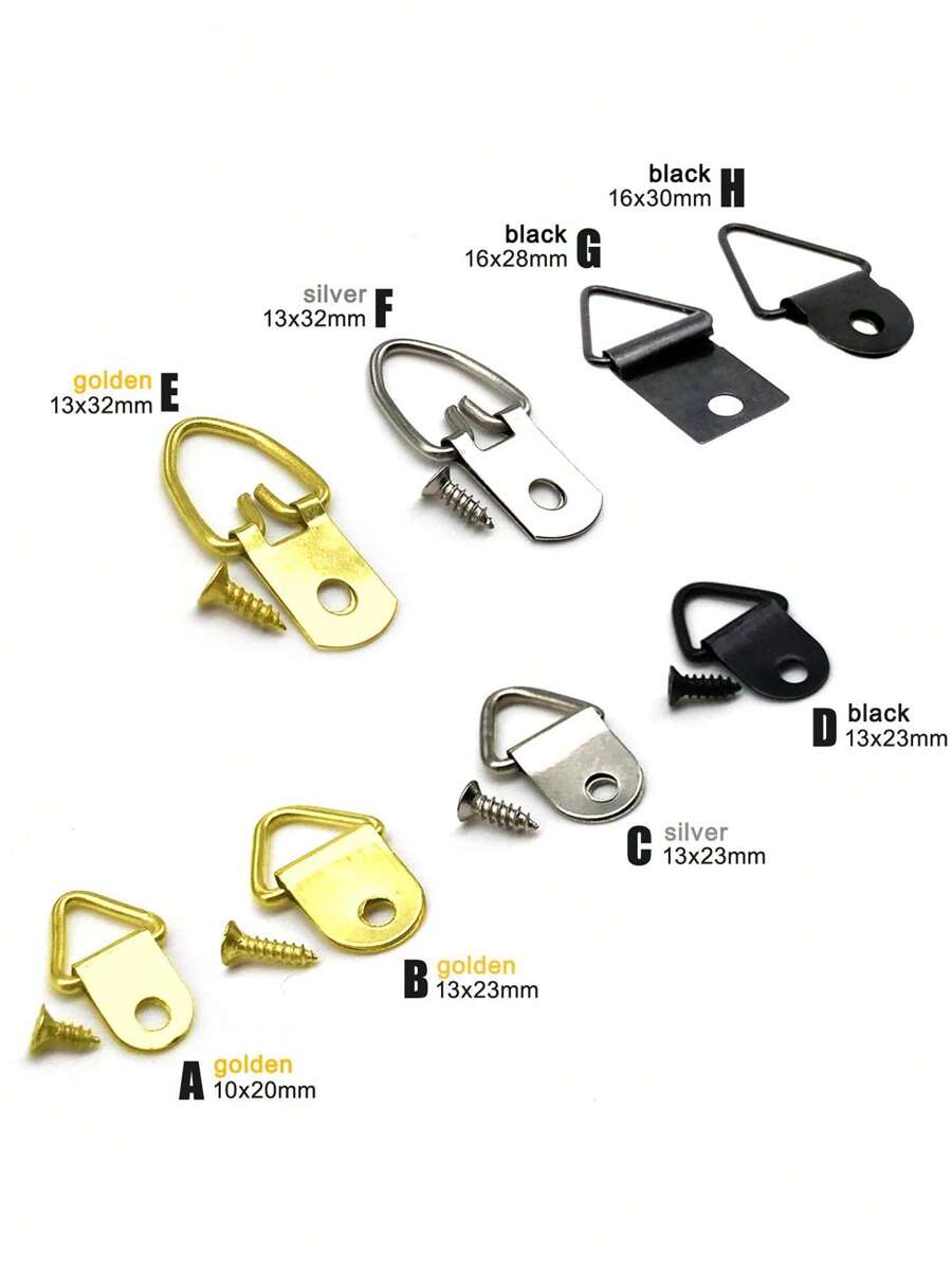 100 pièces Triangle D-Ring Suspendu Peinture À L'huile Miroir Cadre Photo Cintre Art Travail Photo Mur Crochet Avec Vis Doré Argent Noir