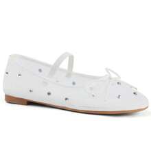 Rhinestone Mesh Ballerina Shoes Clear Crystal Tulle Bow Ballet Flats Shoes For Women Studded Gem Stretch Strap Mary Jane Flats Slip On Comfortable Dress Casual Shoes - White - View 4