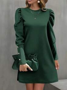 Women Spring/Summer Round Neck Gigot Sleeve Dress - Dark Green - View 3