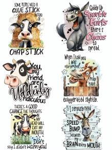 6 件/套趣味奶牛图案 DIY 热转印贴纸 - 可水洗，适用于 T 恤、鞋子、牛仔裤和背包热压贴花 - 混合色 - 查看 1