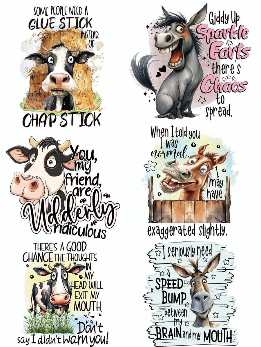 6 件/套趣味奶牛图案 DIY 热转印贴纸 - 可水洗，适用于 T 恤、鞋子、牛仔裤和背包热压贴花 - 混合色 - 查看 1