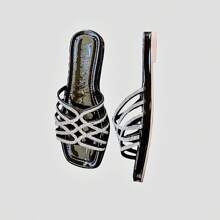 Niko Women's Flat Sandal Stone Rhinestone Comfortable Flat Sandal - Bện bạc sáng bóng - Xem 1