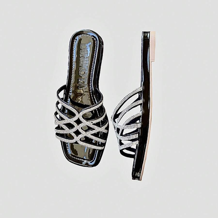 Niko Women's Flat Sandal Stone Rhinestone Comfortable Flat Sandal - Bện bạc sáng bóng - Xem 1