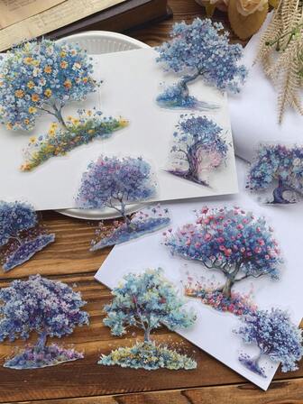 10pcs/Pack Vintage Large Size Waterproof PVC Shiny Shell Floral Tree Stickers For Scrapbook Diary Decor DIY Crafts