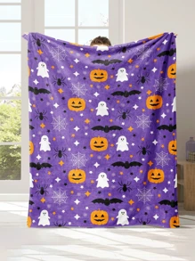 1 pieza Manta de Halloween, manta de forro polar suave y cálida con estampado de murciélagos, arañas y calabazas, para sofá, oficina, cama, camping, siesta, manta multiusos para todas las estaciones, regalo