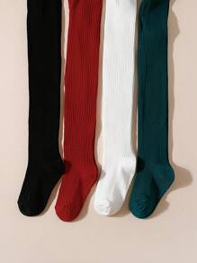 4 piezas Leggings/medias de niña a rayas verticales de unicolor, adecuado para uso diario