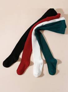 4 piezas Leggings/medias de niña a rayas verticales de unicolor, adecuado para uso diario