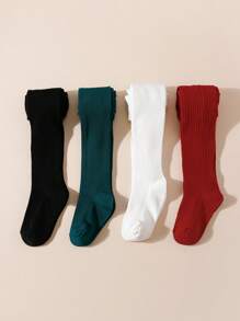 4 piezas Leggings/medias de niña a rayas verticales de unicolor, adecuado para uso diario