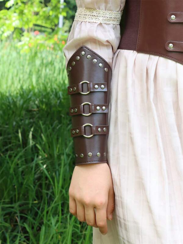 1pc Unisex Black PU Leather Rivet Decor Cuff Vintage Medieval Viking Warrior Costume Accessory, Festival