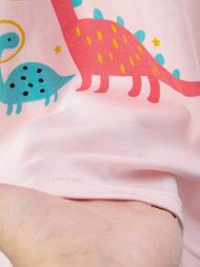 年轻女孩恐龙印花睡衣套装，长袖上衣和裤子，卡通印花，秋季 - 粉色 - 查看 5