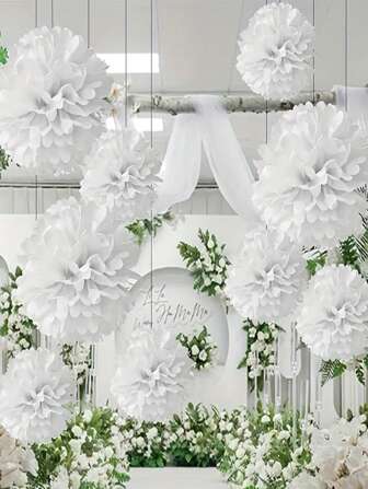 12 st vita pappersblombollar, bröllopsfestdekorationer, födelsedagsfestbakgrundsdekorationer, lämpliga för högtider, årsdagar, bröllop, alla hjärtans dag-dekorationer