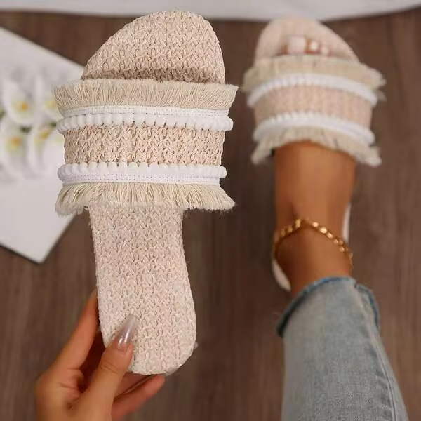 Women's Slip-On Sandals With Tassel & Straw Fabric - Perfect Summer Footwear